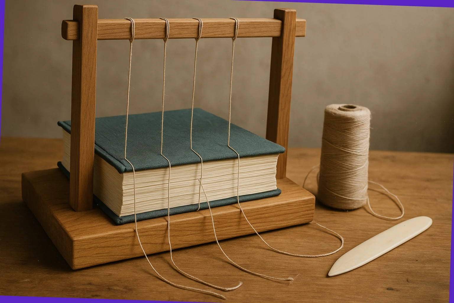 Sewing frame on a wooden bench with linen thread and bone folder beside a cloth-bound book