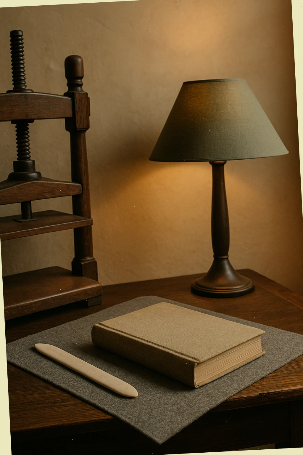 Reading room corner with a lamp, press, and a cloth-bound volume on felt