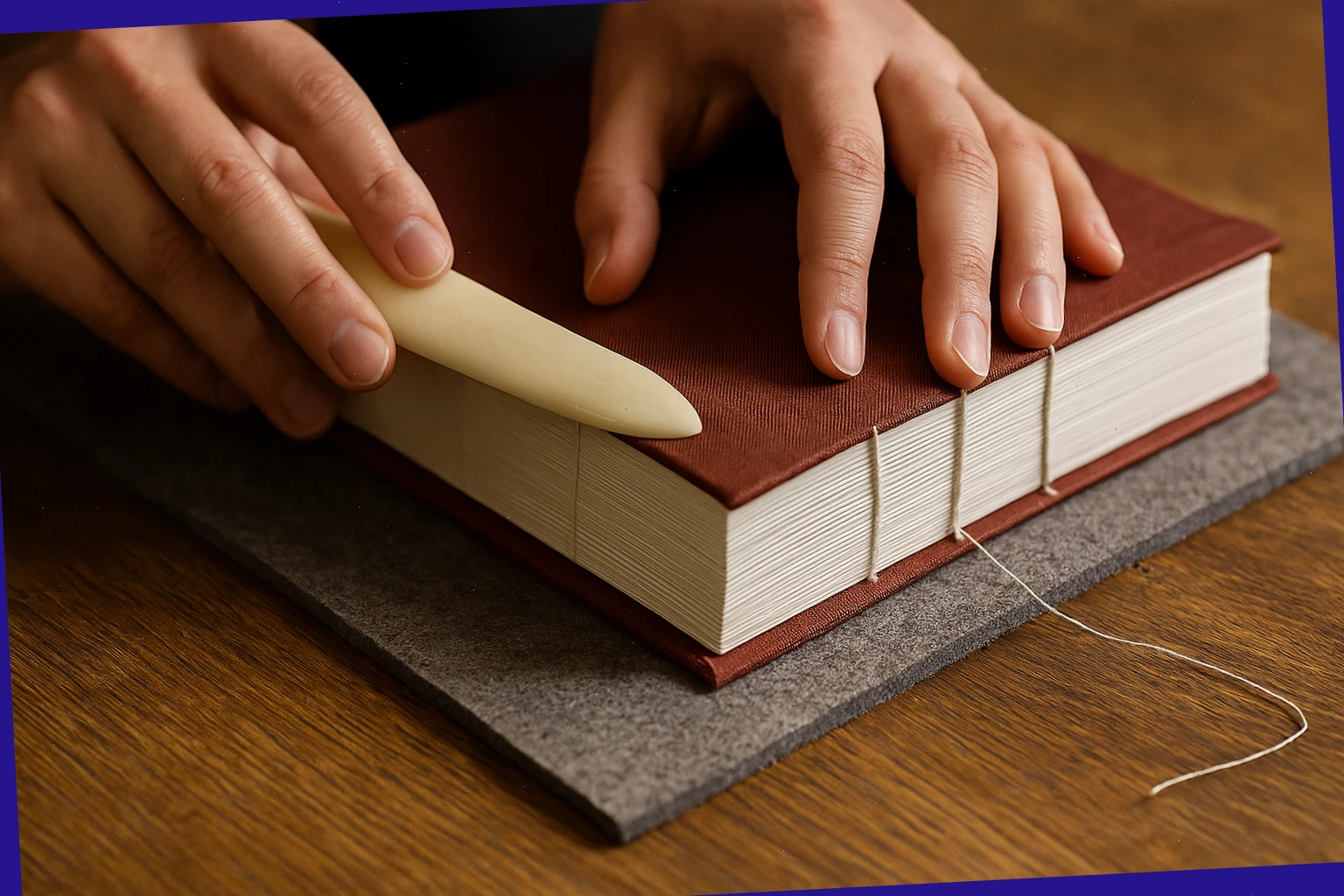 Cloth spine piece being set in place with gentle pressure and a bone folder