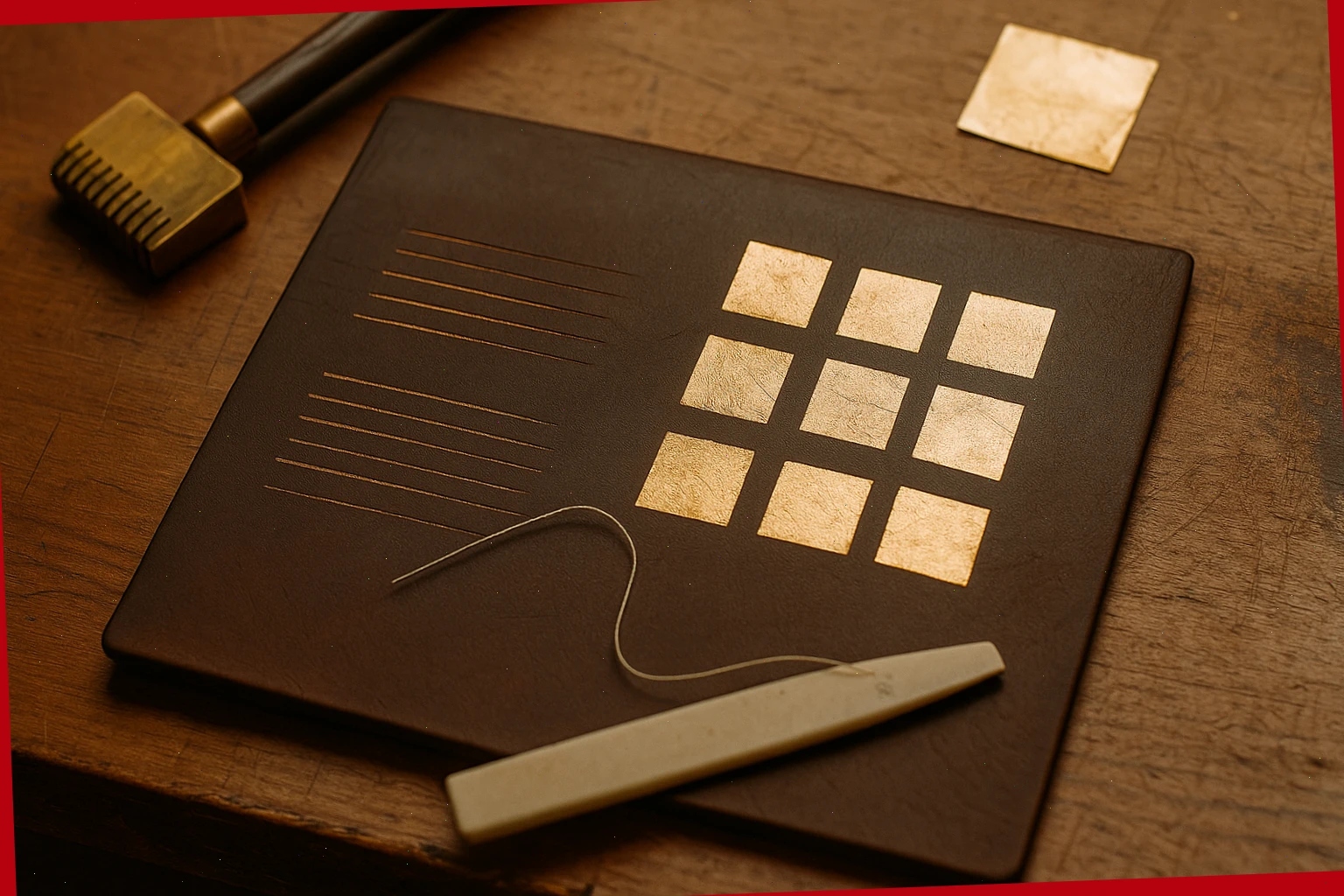 Practice board with test lines from a heated pallet and gold leaf squares