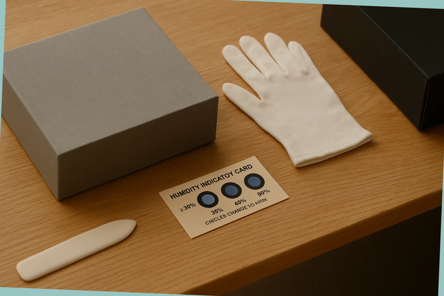 Archival box, cotton gloves, and a humidity card arranged neatly on the bench