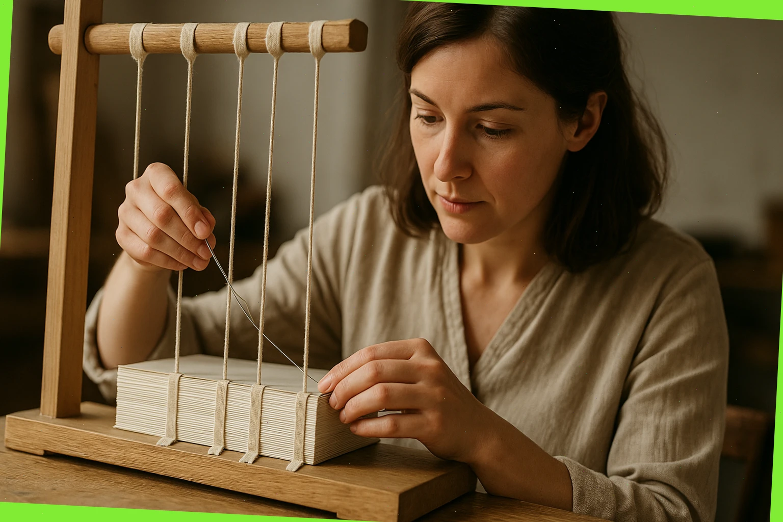 Amelia guiding kettle stitches on a sewing frame with neat tapes aligned