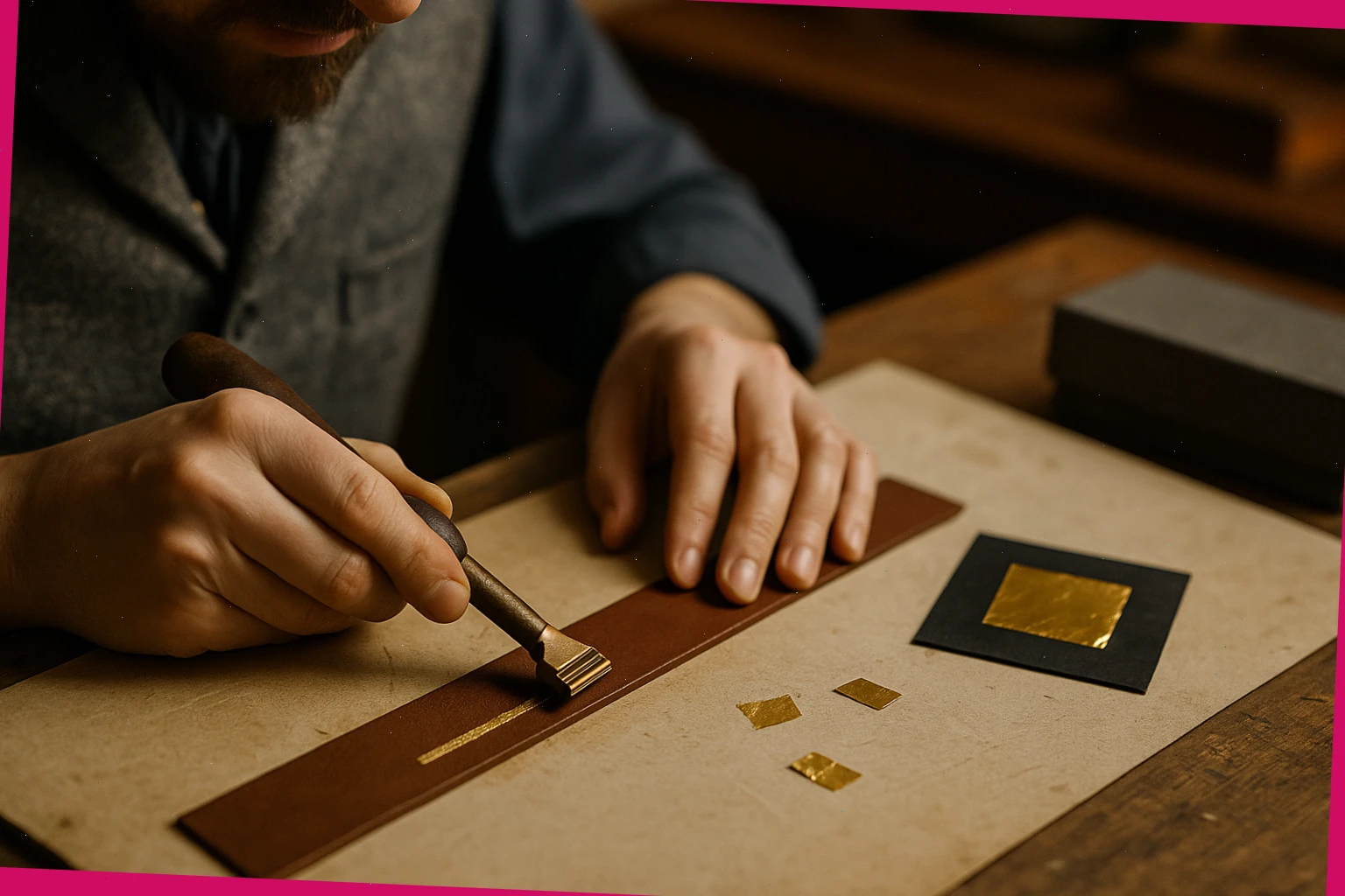 Henry setting a heated pallet tool on a test strip of leather with gold leaf