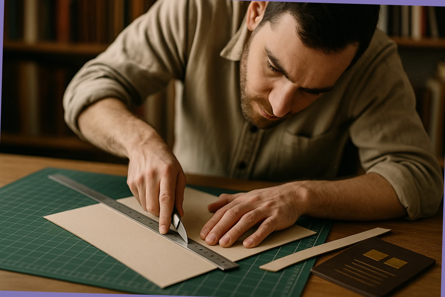 Owen trimming new boards with a sharp knife against a steel ruler on a mat