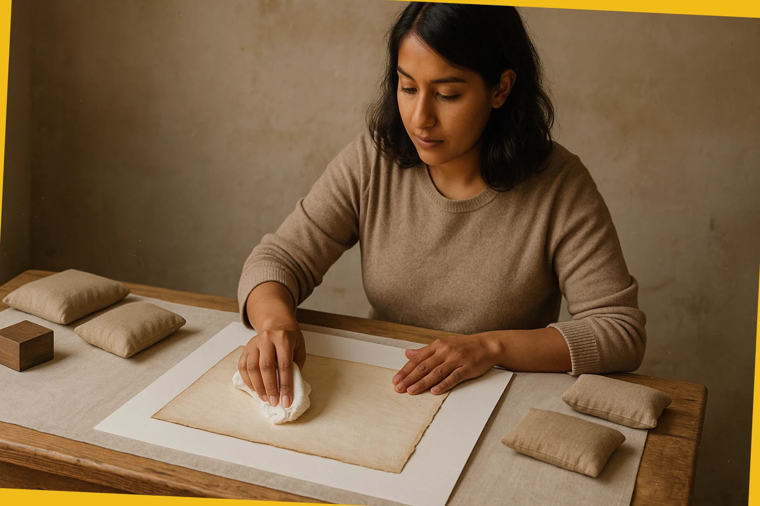 Safiya demonstrating a gentle paper wash with blotters and weights arranged